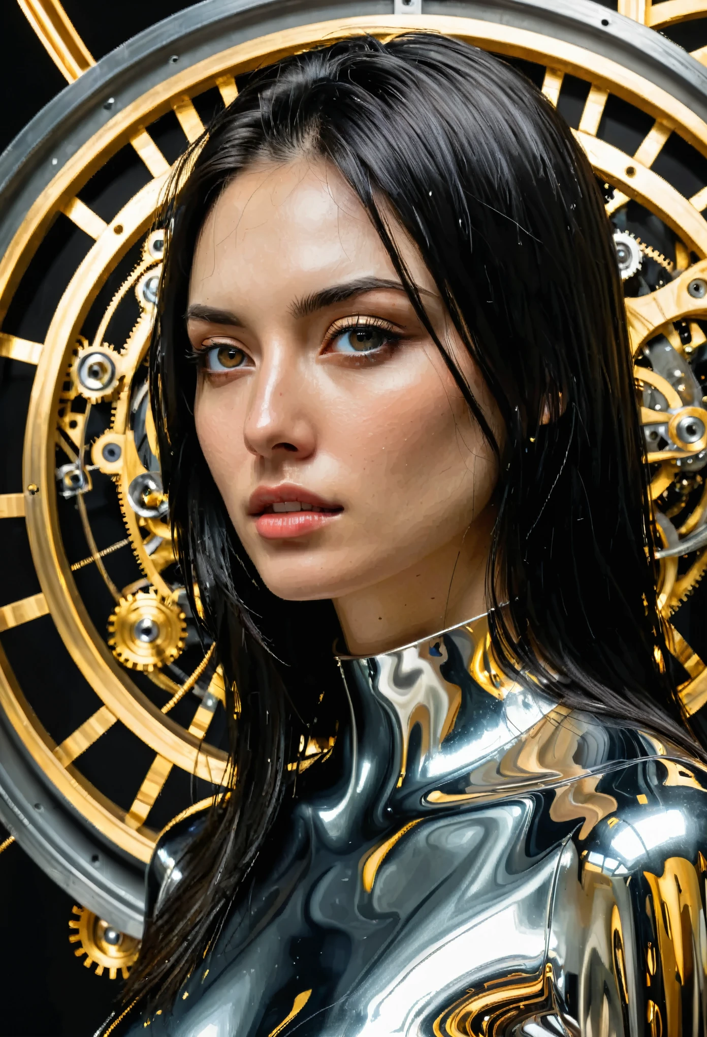 highly detailed portrait, (abstract art, surreal), by Android Jones, by Tomma Abts, 1girl in mechanism, black hairm high resolution, (cinematic:1.3), (chronophobia:1.2), wheels, clockwork, (subsurface light scattering, metal reflection:1.2), gold theme, silver theme, dark theme, depth of field, timeless, diffused lighting, mastercraft, eye-catching art, amazing background