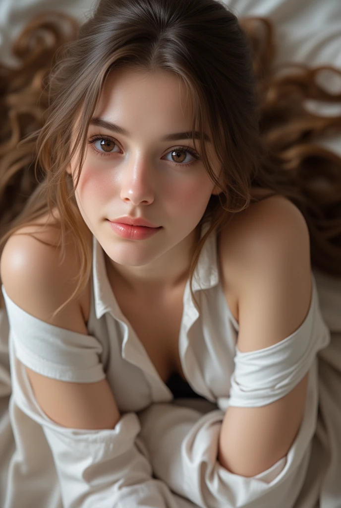 Portrait of a sweet long-haired woman wearing a long shirt, showing off her shoulders, looking sexy, lying on the bed