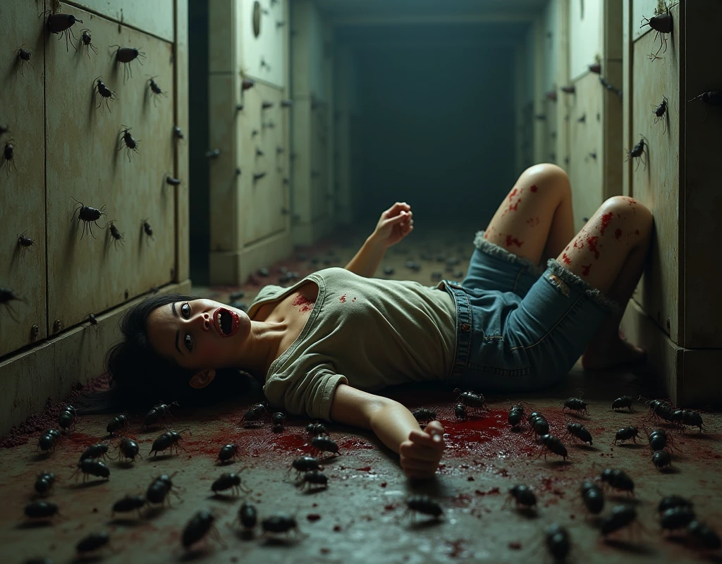 Realistic, cinematic, close up, very dark, night, A dimly lit room, black background. A scared and wounded woman with dark messy hair lies on the floor, barely visible due to the dark, blood on her dress. The woman's hands is outstretched over her head on the floor, and appears bloodied and injured, with smears of blood trailing behind on the floor, suggesting that she is being dragged by someone along the floor. The environment is bleak and oppressive, the floor stained with blood.