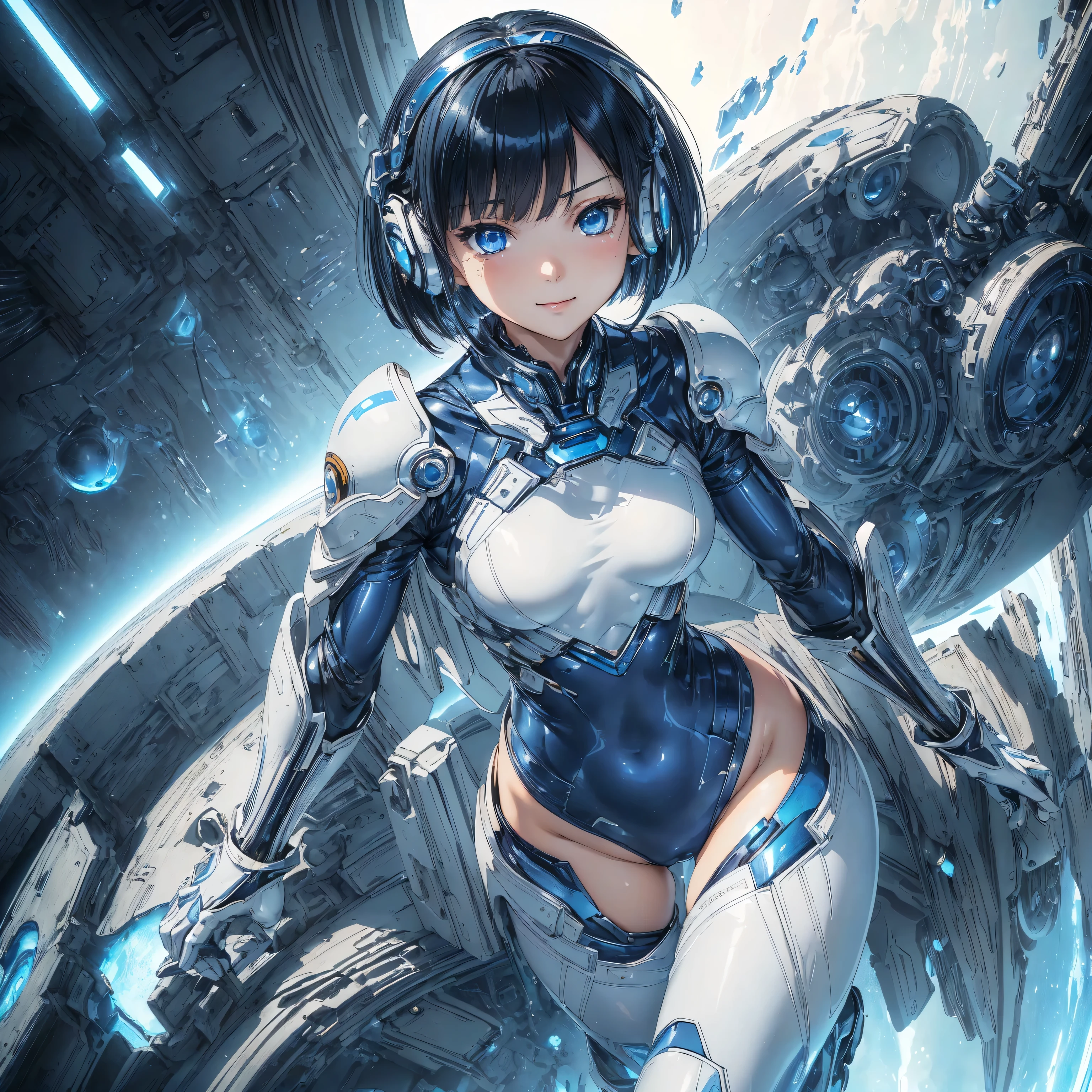 (masterpiece、highest quality、Highest Resolution、Clear_image、Detailed details、Angle from above): (Whole body、One 20 year old girl、Japanese Faces、Small Face、Slender、Navy blue super short bob cut hair、(Hidden small breasts:1.3)、Sparkling blue eyes、Shiny pilot suit in blue and black colors、Chest protection armor、Tight fitting clothes、Clothing that covers the whole body、Glamorous clothes、Tight Fit Pants、Hide your skin、Very delicate and beautiful、Detailed Skin、hide thighs、Hide your ass、Cute、A gentle smile、Soft expression、heroine、headset、Knee-high boots、Elbow-length gloves、Eye Level Shot、Face directly、Woman on a spaceship)