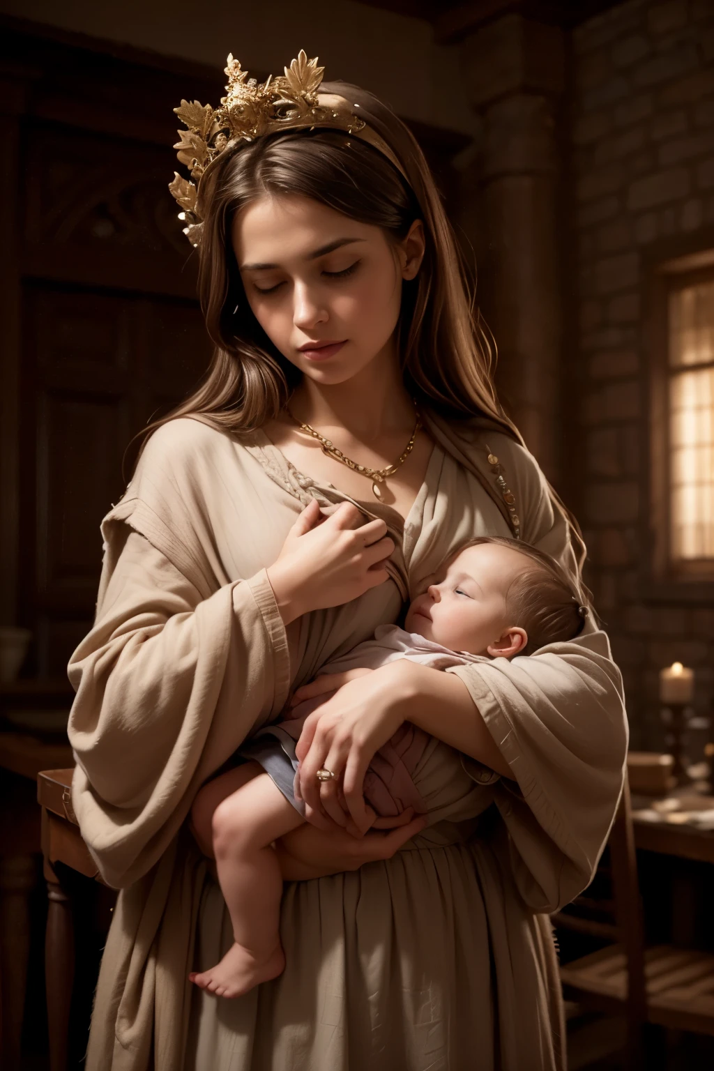 A holy nativity scene, a mother and child, ornate golden halos, intricate religious decorations, detailed folds in clothing, glowing warm light, religious atmosphere, divine and spiritual, photorealistic, 8k, ultra-detailed, masterpiece, oil painting, dramatic lighting, classical religious art style