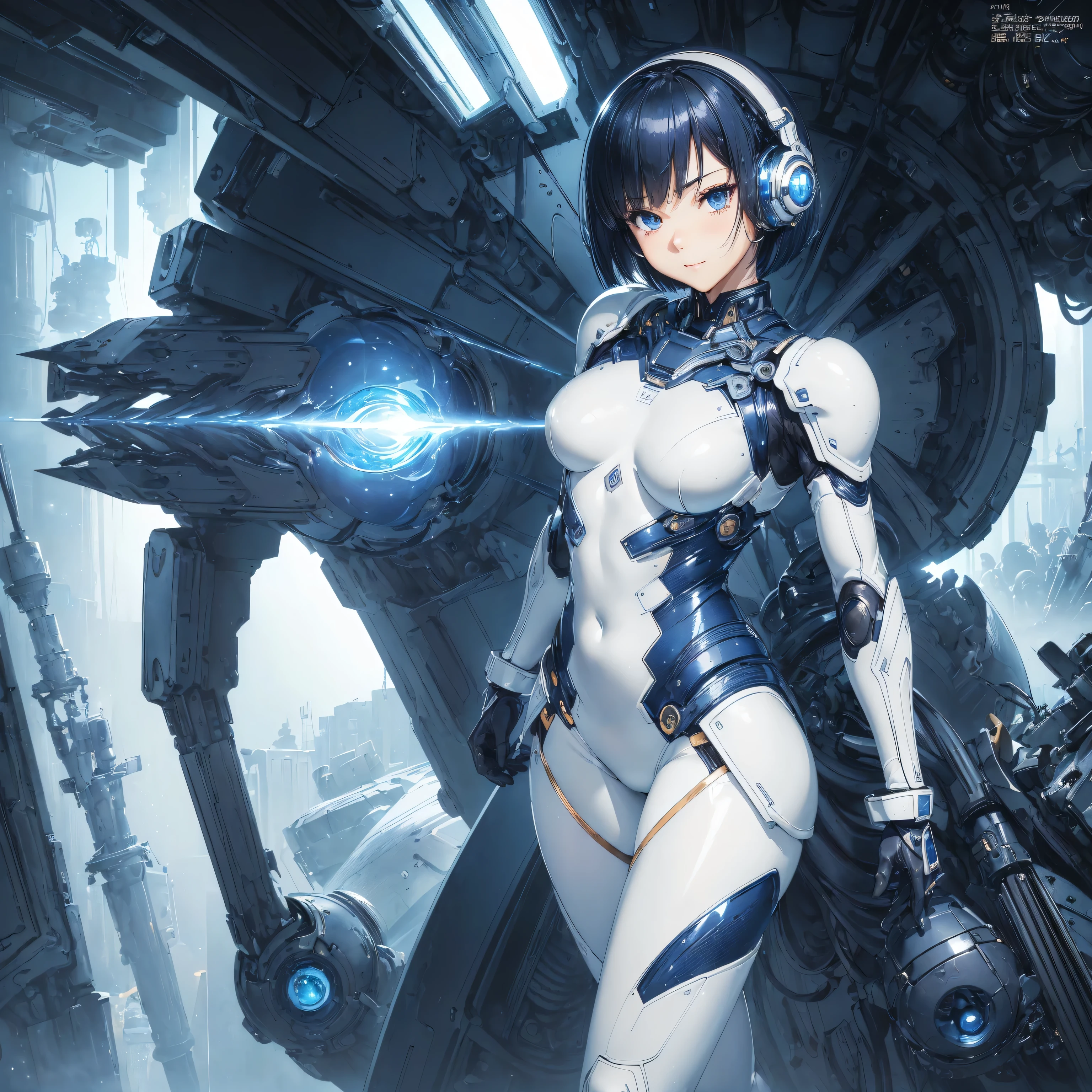 (masterpiece、 best quality、 highest resolution、Clear_image、Detailed details): (Whole body、A 20 year old girl、Japanese Faces、 small face、 slender、 dark blue super short bob cut hair、(Hidden small breasts:1.3)、 Sparkling Blue Eyes 、Shiny pilot suit in white, blue and black colors、Chest protection armor、Tight fitting clothes、Clothing that covers the whole body、Glamorous clothes、 tight fit pants 、Hide your skin、 scene 、Detailed Skin、Hide your thighs、Hide your ass、 cute、A gentle smile、Soft expression、heroine、 headset 、 long boots、Elbow-length gloves、 eye level shot 、Peace talks between warring factions,attention arousal, Clever Blue Eyes,Face directly、 woman on a spaceship )