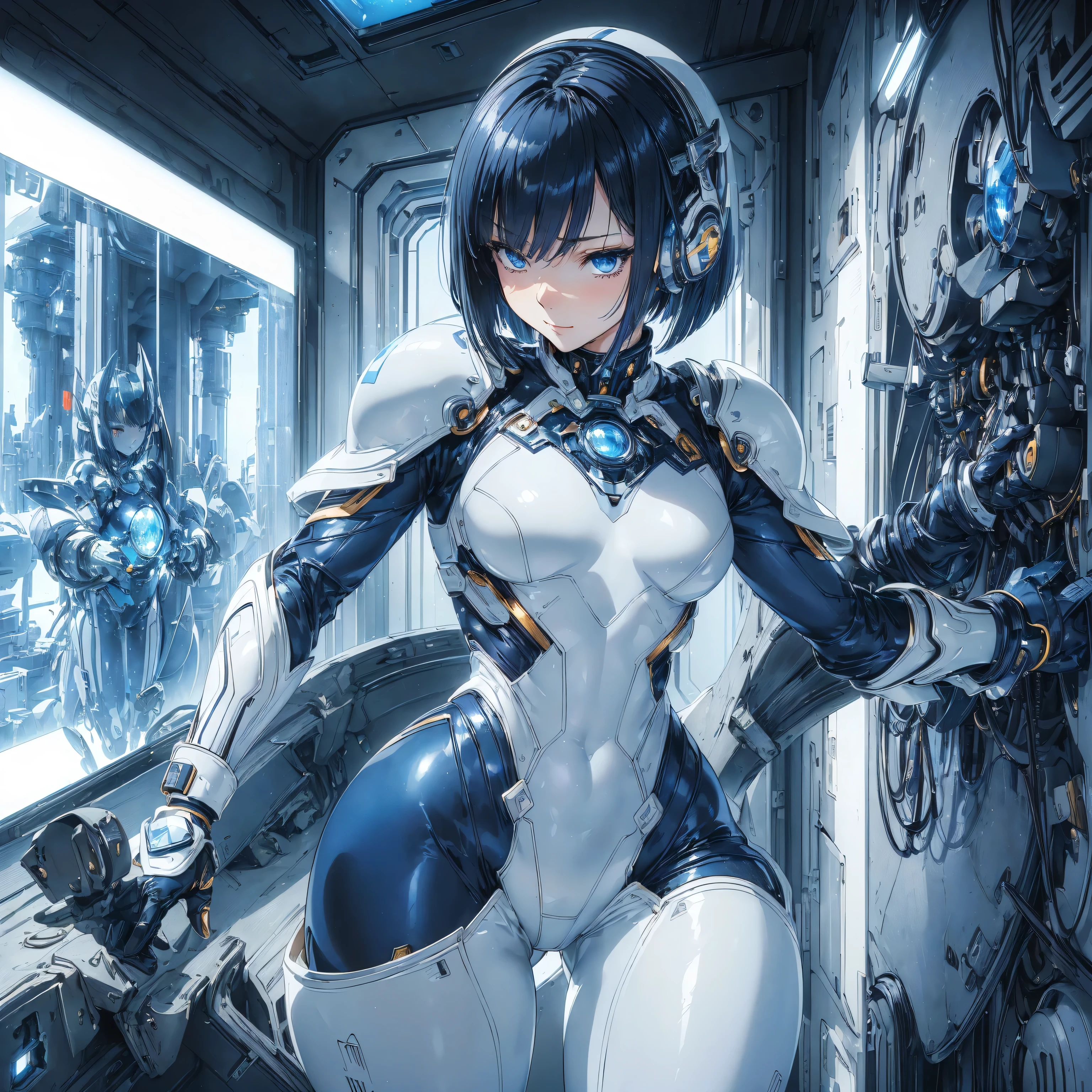 (masterpiece、 best quality、 highest resolution、Clear_image、Detailed details): (Whole body、A 20 year old girl、Japanese Faces、 small face、 slender、 dark blue super short bob cut hair、(Hidden small breasts:1.3)、 Sparkling Blue Eyes 、Shiny pilot suit in white, blue and black colors、Chest protection armor、Tight fitting clothes、Clothing that covers the whole body、Glamorous clothes、 tight fit pants 、Hide your skin、 scene 、Detailed Skin、Hide your thighs、Hide your ass、 cute、A gentle smile、Soft expression、heroine、 headset 、 long boots、Elbow-length gloves、 eye level shot 、Peace talks between warring factions,attention arousal, Clever Blue Eyes,Face directly、 woman on a spaceship )