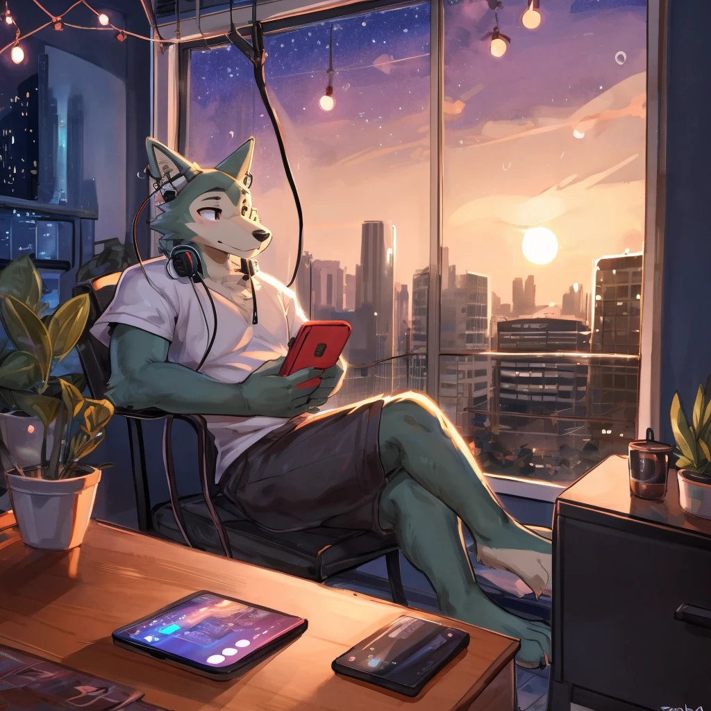 anthro ((Legoshi)), legoshi from Beastars, (wearing wired earphones while using phone:1.6), muscular, broad shoulders, chilling day, sitting at the coffee table, drinking coffee while looking out to the window, white T-shirts, shorts, rainy sky outside the window, tall building, dusk, (purple cloud in sunset with star shine on sky while raining too:1), city view, sun down, led string lights above window, fairylights, plant pot in corner, by zackary991, by paperclip, by buta99, by coffeesoda, black pupils, High Resolution, Masterpiece, Best Quality, Award Winning, UHD, Detail, HD, Depth Of Field, perfect cityscape through window, guitar place on the floor, chilling starry sky sunset, calming, pretty (fairylights), bookshelf, ultra detailed eyes, fluffy tails, very relaxing wallpaper