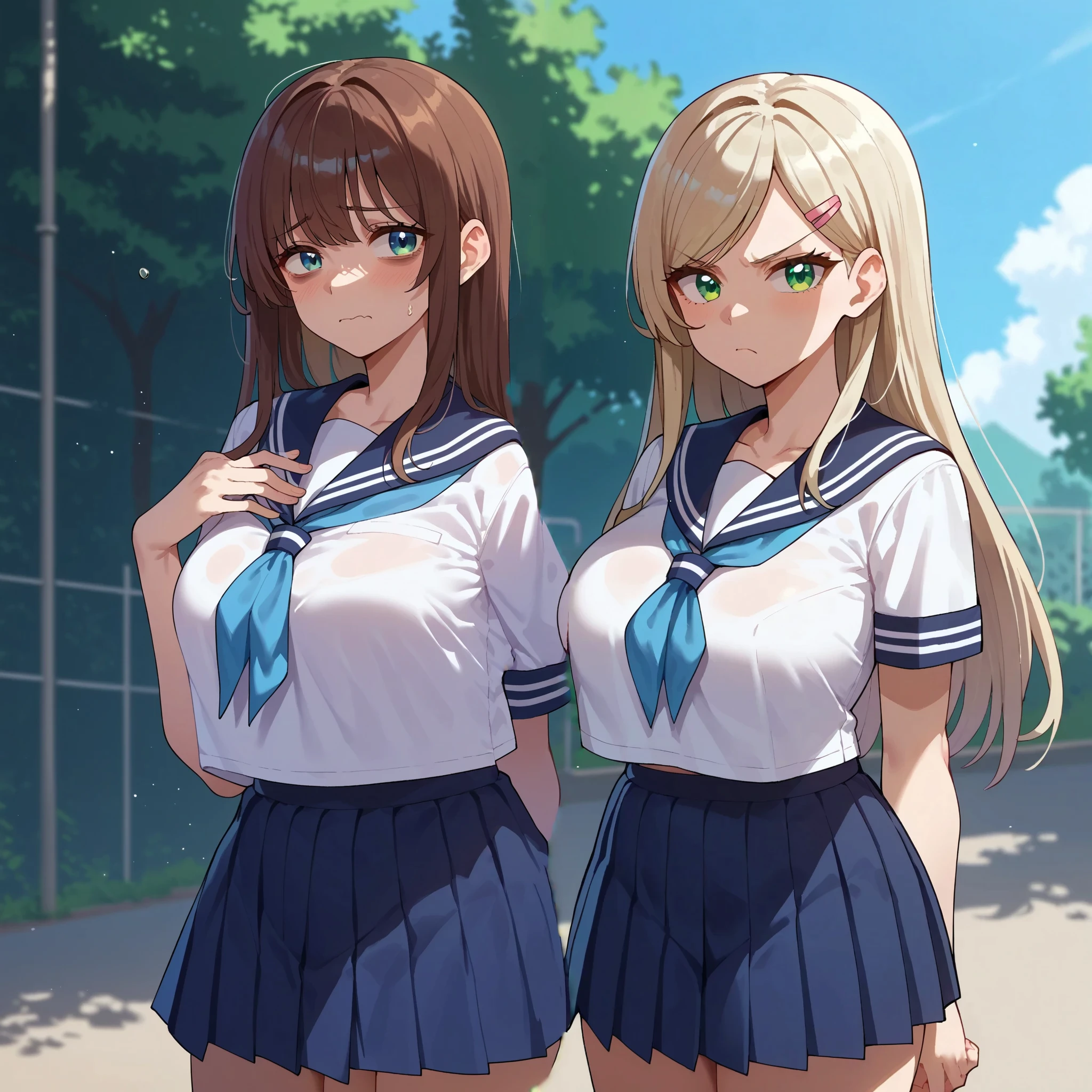 {{score_9, score_8_up, score_7_up, score_6_up, score_5_up, score_4_up, source_anime}} 2girls, outdoors, school, cowboy shot, medium breasts, bags under eyes, nervous, hand to chest, brown hair, long hair, long bangs, hair over one eye, serafuku, sailor shirt, blue neckerchief, looking at viewer, medium breasts, blue eyes, nyantcha
