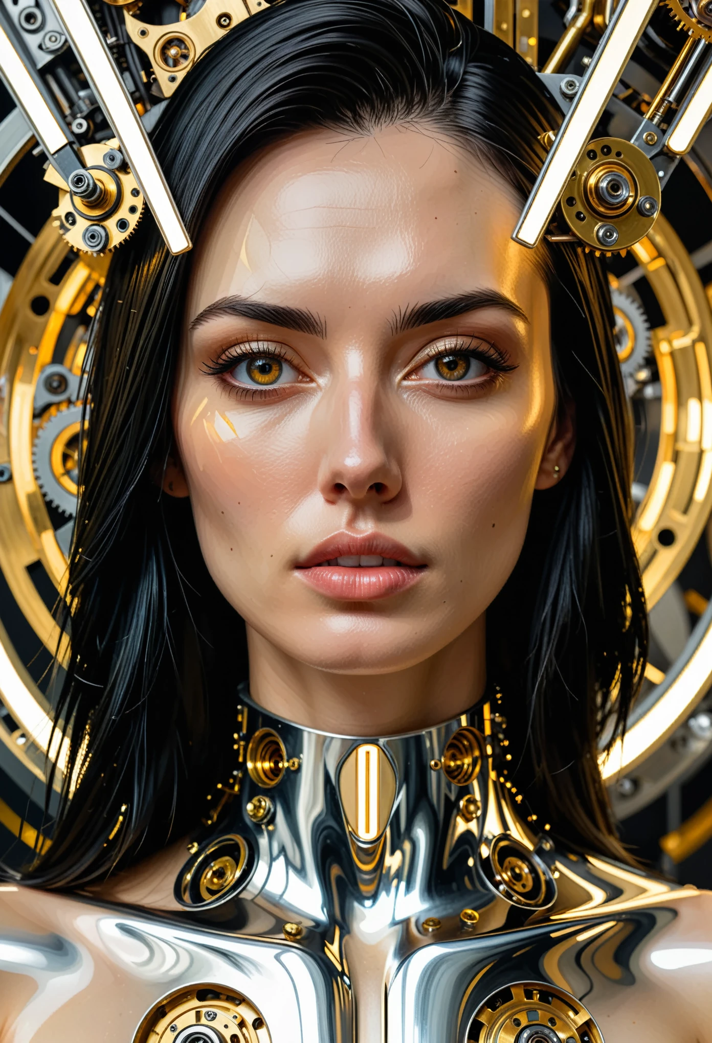 highly detailed portrait, (abstract art, surreal), by Android Jones, by Tomma Abts, 1girl in mechanism, black hairm high resolution, (cinematic:1.3), (chronophobia:1.2), wheels, clockwork, (subsurface light scattering, metal reflection:1.2), gold theme, silver theme, dark theme, depth of field, timeless, diffused lighting, mastercraft, eye-catching art, amazing background