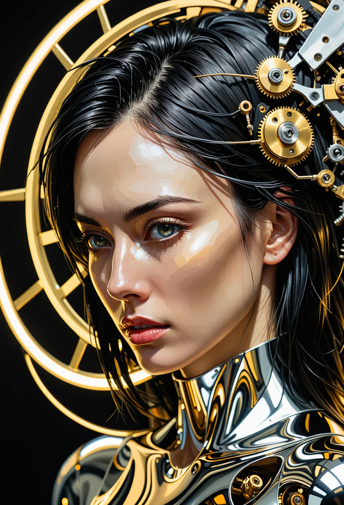 highly detailed portrait, (abstract art, surreal), by Android Jones, by Tomma Abts, 1girl in mechanism, black hairm high resolution, (cinematic:1.3), (chronophobia:1.2), wheels, clockwork, (subsurface light scattering, metal reflection:1.2), gold theme, silver theme, dark theme, depth of field, timeless, diffused lighting, mastercraft, eye-catching art, amazing background