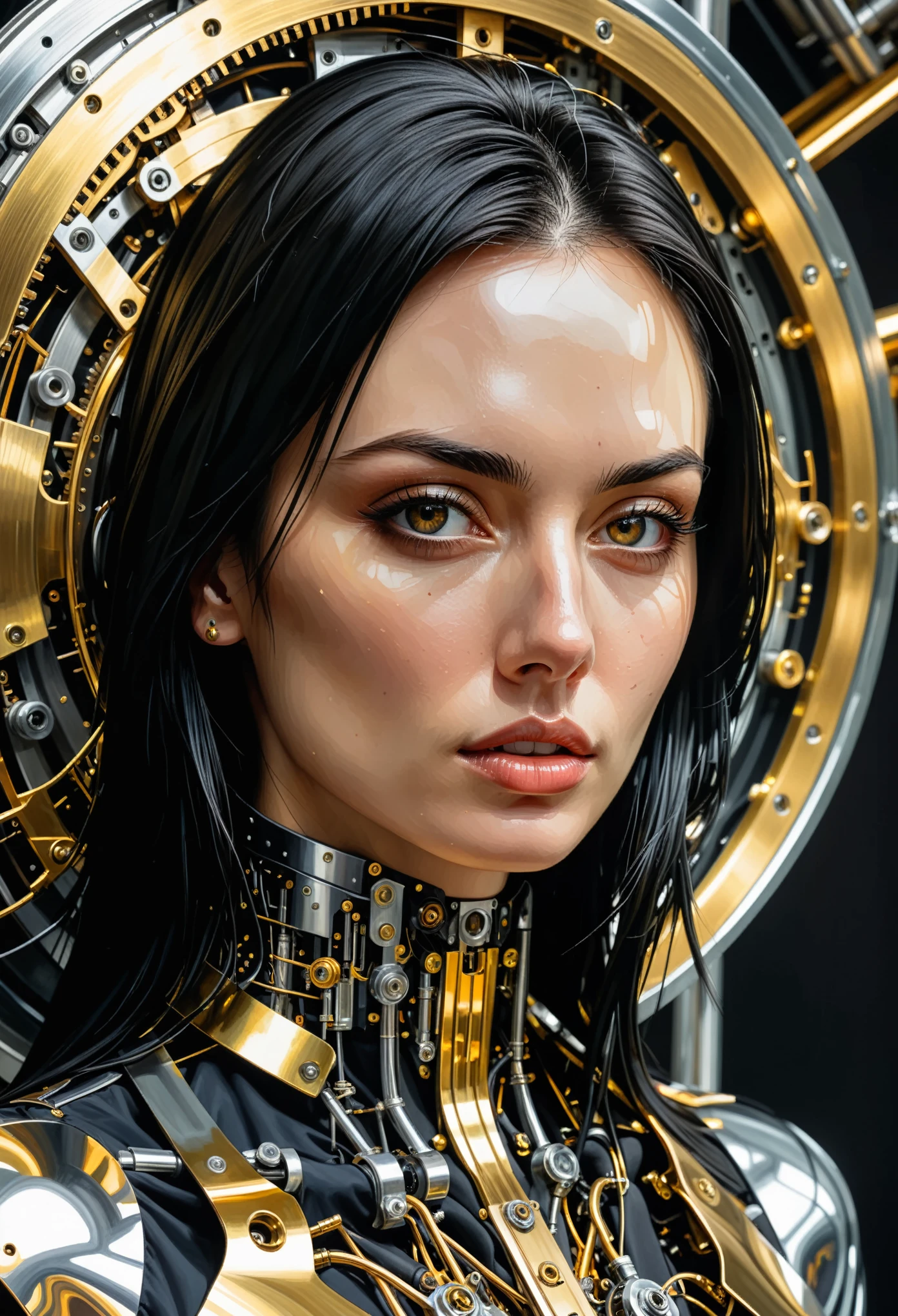 highly detailed portrait, (abstract art, surreal), by Android Jones, by Tomma Abts, 1girl in mechanism, black hairm high resolution, (cinematic:1.3), (chronophobia:1.2), wheels, clockwork, (subsurface light scattering, metal reflection:1.2), gold theme, silver theme, dark theme, depth of field, timeless, diffused lighting, mastercraft, eye-catching art, amazing background