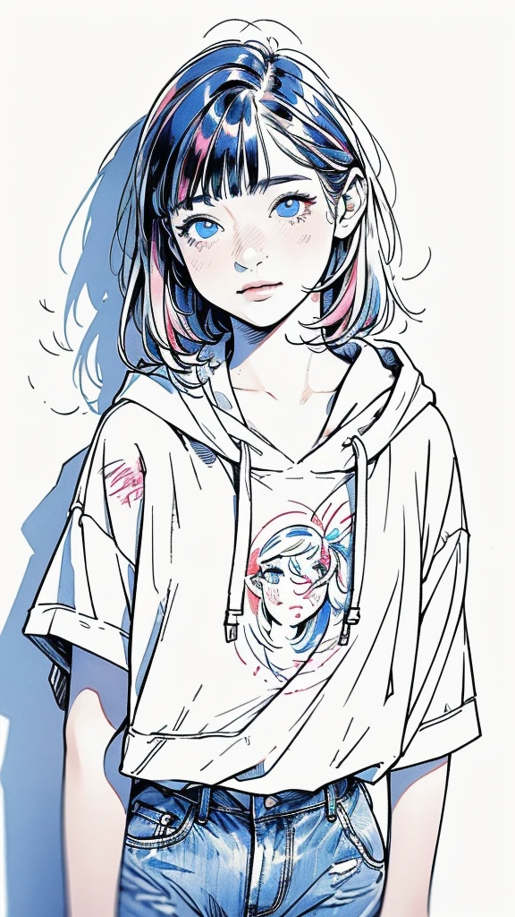 (masterpiece, Highest quality, Very detailed, 8k, Realistic),  One Girl, alone, Very detailed face, (head shot:1.5), contrapposto, Standing in front of a wall covered in graffiti, medium multi colored hair, She is wearing a T-shirt  and  open hoodie, watercolor, lineart, rough sketch, RGB, chromatic aberration