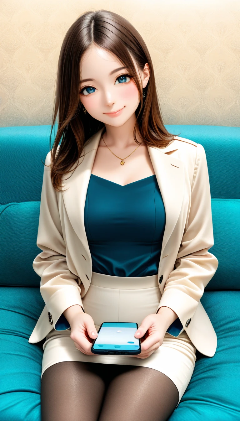 masterpiece, Best Quality, medium breasts,  Beautiful Details, Fine texture, Fine skin, Very cute girl, Alone, Happy smile ,rouge lips, blush, Deep Blue Eyes , Brown Hair,  shortcuts, Right-parted bangs, companion suit,buttoned jacket,closed jacket, pencil skirt, pantyhose,blouse , necklace,  indoor, luxury room background, sitting on sofa, have a smartphone,cowboy shot