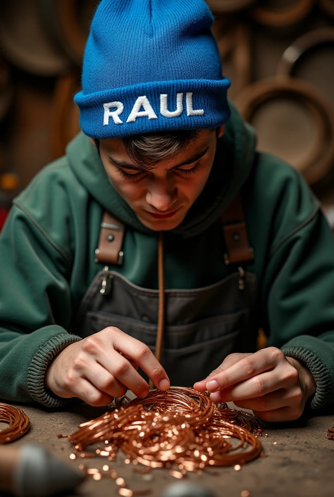 Create a striking image of a teenager Romanian man, focused intently on stripping copper wires to extract copper. He wears a vibrant blue beanie with the name "RAUL" embroidered in bold white letters. The setting is a cluttered workshop filled with tools and coils of wire, illuminated by warm, soft overhead lighting that casts gentle shadows. The color palette features earthy tones of browns and greens, contrasting with the metallic sheen of the copper. Use a realistic artistic style, emphasizing the texture of the wires and the roughness of the workshop surfaces. Capture the motion of his hands skillfully peeling the wire, conveying a sense of determination and industriousness. Aim for high-quality, detailed resolution, focusing on the interplay of light and shadow to enhance the atmosphere of hard work and resourcefulness.