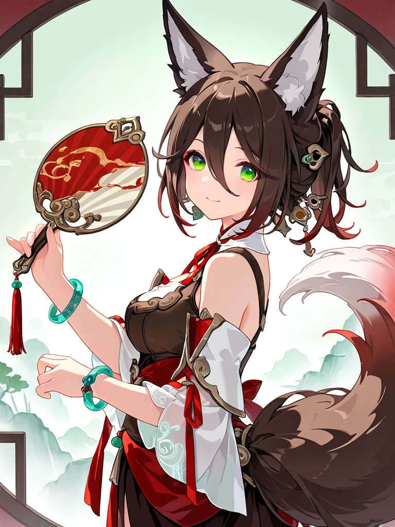 ultra-detailed,(best quality),((masterpiece)),(highres),original,extremely,tingyun, 1girl, animal ears, green eyes, hand fan, tail, solo, breasts, fox ears, brown hair, multicolored hair, looking at viewer, detached sleeves, holding, smile, jewelry, holding fan, hair between eyes, animal ear fluff, bare shoulders, short hair, fox tail, bracelet, dress