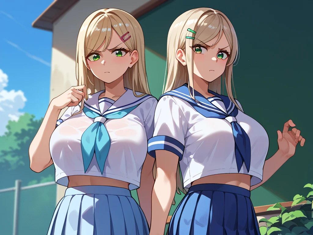 {{score_9, score_8_up, score_7_up, score_6_up, score_5_up, score_4_up, source_anime}} outdoors, school, 2girls, two girls next to each other, cowboy shot, looking at viewer, platinum blonde hair, swept bangs, long hair, pink hairclip, green eyes, large breasts, serafuku, sailor shirt, blue neckerchief, pleated skirt, annoyed,