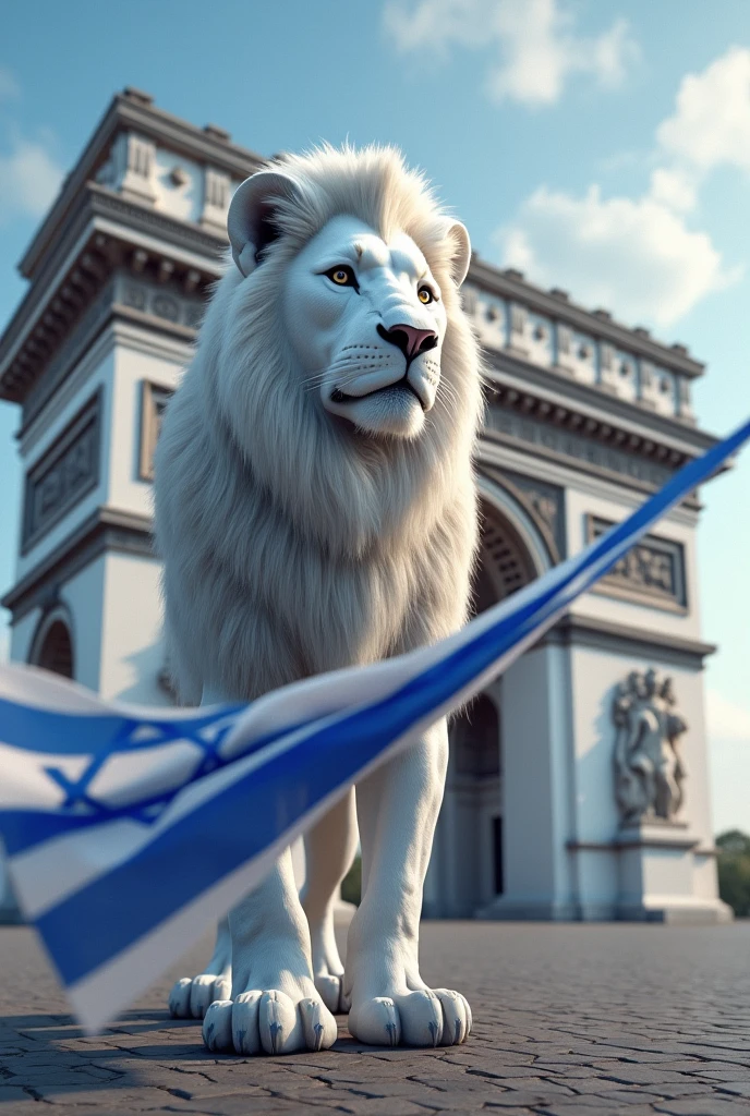 powerful lion in armor holding a flaming sword in attacking position with the flag of Israel fluttering in the background on top of a mountain on a starry night