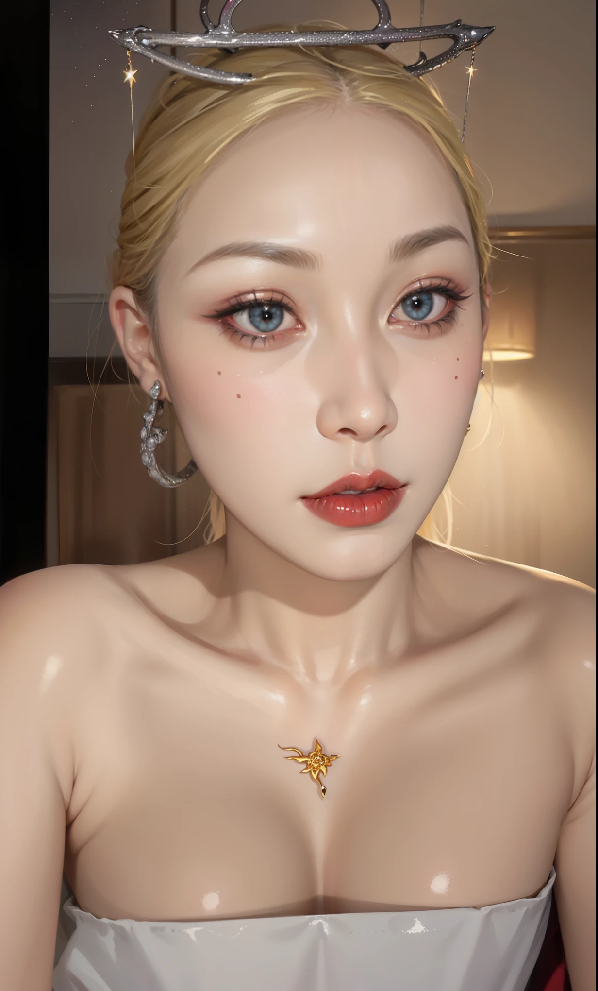 there is a woman with freckles on her chest and a necklace on her neck, inspired by Kim Deuk-sin, inspired by Sim Sa-jeong, realistic skin color, shiny skin, 🤤 girl portrait, (12x) extremely pale white skin, pale porcelain white skin, pale, freckled skin, [ 4 k photorealism ]!!!, white freckles