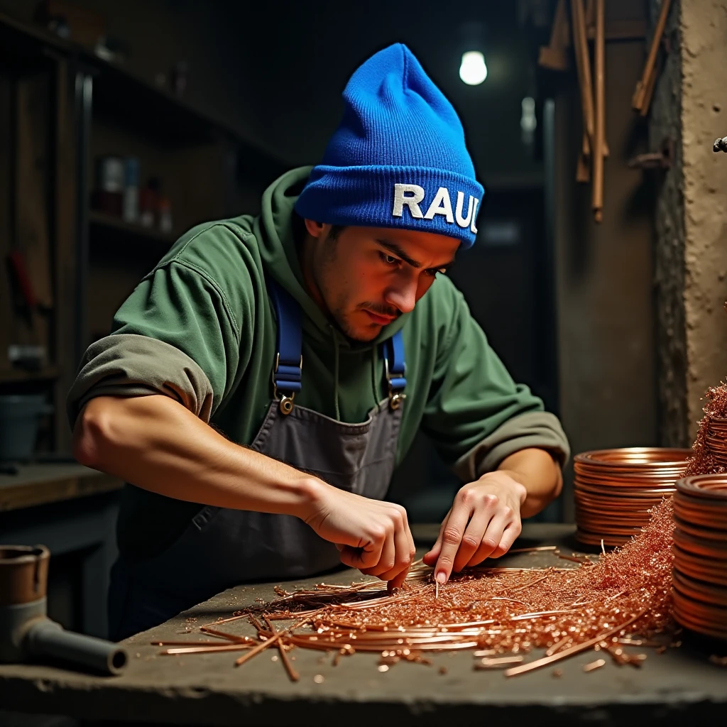 Create a striking image of a teenager Romanian man, focused intently on stripping copper wires to extract copper. He wears a vibrant blue beanie with the name "RAUL" embroidered in bold white letters. The setting is a cluttered workshop filled with tools and coils of wire, illuminated by warm, soft overhead lighting that casts gentle shadows. The color palette features earthy tones of browns and greens, contrasting with the metallic sheen of the copper. Use a realistic artistic style, emphasizing the texture of the wires and the roughness of the workshop surfaces. Capture the motion of his hands skillfully peeling the wire, conveying a sense of determination and industriousness. Aim for high-quality, detailed resolution, focusing on the interplay of light and shadow to enhance the atmosphere of hard work and resourcefulness.