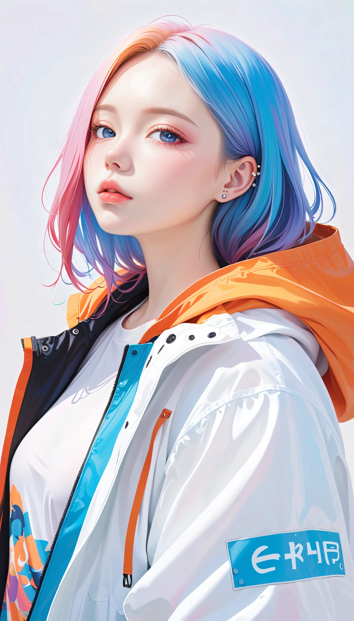 1girl, Alone, Chest, Viewer,  blue eyes,  Simple Background ,  white background , Ear studs , large breasts, Lazy, Half-closed eyes, Dye your hair, Bubbles,  functional jacket ,  upper body, Open clothes, abdomen, From the side, open coat, Lips,  oversized jacket , graffiti top , compensate, nylon, nylon 冲锋衣,style: midjourney,1 girl