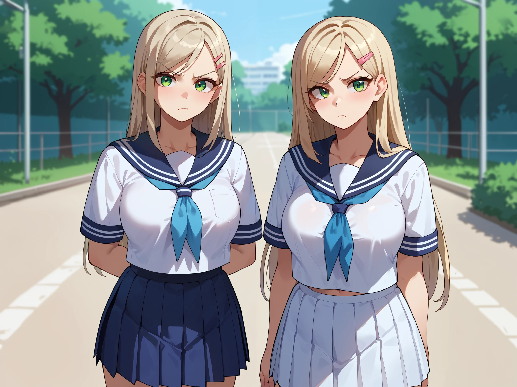 {{score_9, score_8_up, score_7_up, score_6_up, score_5_up, score_4_up, source_anime}} outdoors, school, 2girls, two girls next to each other, cowboy shot, looking at viewer, platinum blonde hair, swept bangs, long hair, pink hairclip, green eyes, large breasts, serafuku, sailor shirt, blue neckerchief, pleated skirt, annoyed,