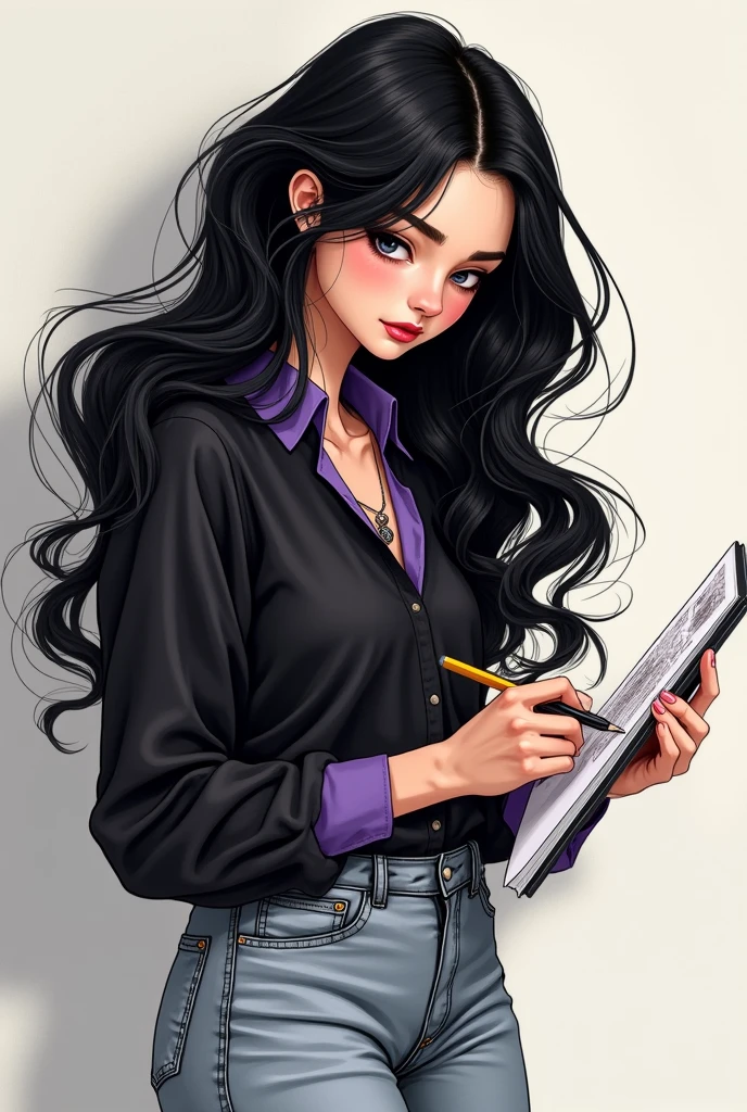 Flat colors,cowboy shott, Rarity , Long purple hair,blue eyes, seductive look, natural beaty, beautiful, ((black semi formal blouse, puffy short sleeves)), cleavage, purple pencil skirt, heels masterpiece, (([office background])), leaning against desk
