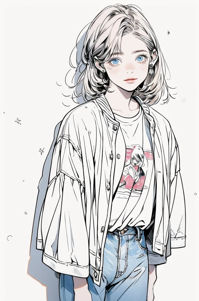 (masterpiece, Highest quality, Very detailed, 8k, Realistic),  One woman, alone, Very detailed face, (head shot:1.5), contrapposto, Standing in front of a wall covered in graffiti, medium multi colored hair, She is wearing a T-shirt  and  military jacket, wide jeans, hard shadow, watercolor, lineart, rough sketch, RGB, chromatic aberration