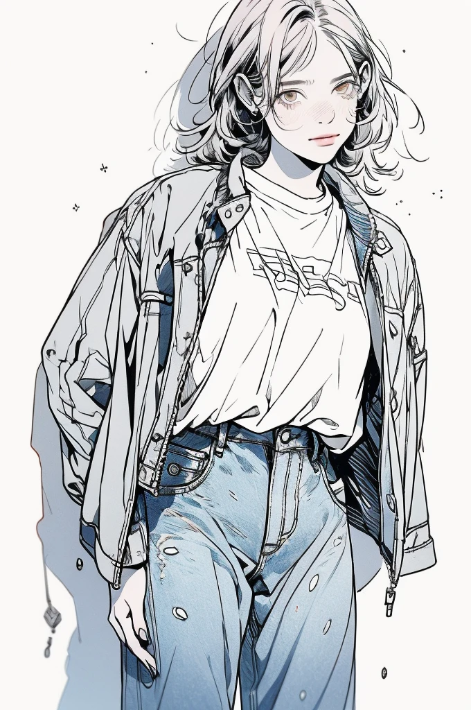 (masterpiece, Highest quality, Very detailed, 8k, Realistic),  One woman, alone, Very detailed face, (head shot:1.5), contrapposto, Standing in front of a wall covered in graffiti, medium multi colored hair, She is wearing a T-shirt  and  military jacket, wide jeans, hard shadow, watercolor, lineart, rough sketch, RGB, chromatic aberration