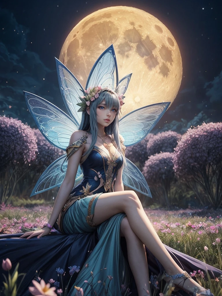 a fairy sitting in a field of flowers with a full moon in the background, fairy cgsociety, anime fantasy artwork, anime fantasy illustration, beautiful fantasy maiden, beautiful fantasy painting, beautiful fantasy art, very beautiful fantasy art, magical fairy background, 2. 5 d cgi anime fantasy artwork, colorfull digital fantasy art, fantasy beautiful, digital art fantasy, beautiful detailed fantasy