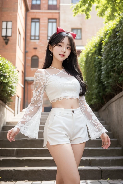 
A 4K professional photo of a young Korean idol woman named "Joy," with long black hair and a gentle smile. She wears a white lace trim crop top with puffed sleeves adorned with a small red bow and high waist booty shorts, and colorful floral bracelets. She stands on a wrought-iron staircase, with a blurred European-style brick building in the background. Sunlight enhances the cheerful ambiance, and the balanced composition features a slight tilt for a lively pose