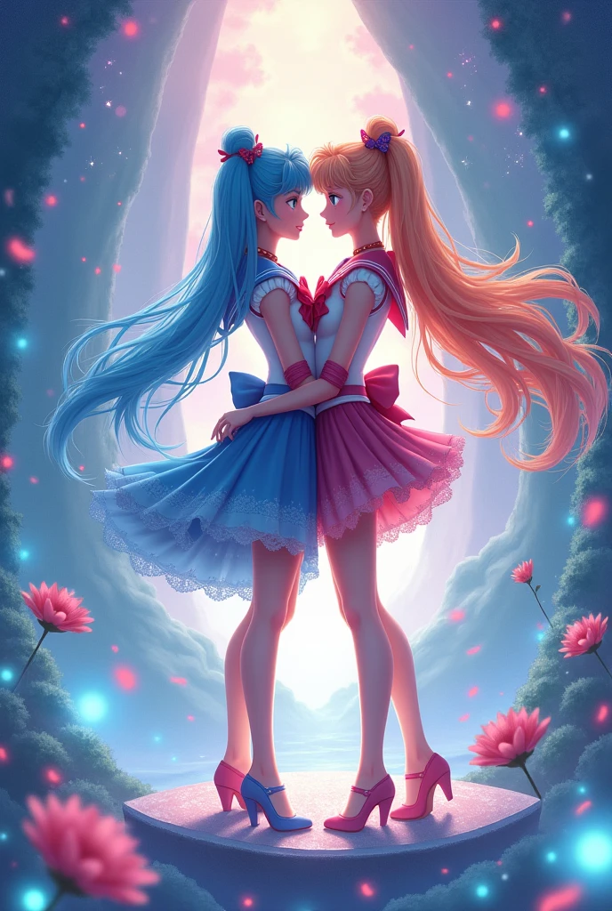 An image of four heavenly magical girls, estilo star guardians, muito lindas, muito bonitas, muito atraentes, como cabelos bonitos e coloridos, rostos detalhados e perfeitos, Detailed and perfect hands, roupas coloridas e bonitas, Artstation Trend, esquema de cores legal, semi-realismo, em uma escola japonesa a noite cercada por monstros, magical girl clothes, magical girl clothes in puella magica style, sailor moon, star guardians do league of legends, quatro amigas, meninas amigas juntas,(Passionate Deep Kiss, lesbian kiss,saliva,Hug each other tight:1.2),ultra miniskirt,