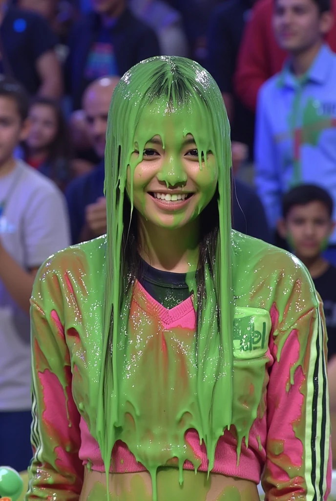 Portrait photograph of Asian woman covered in green slime. hyper-realistic style. 8k. Photorealistic. Glistening slime. Green slime. Dripping slime. Raw photo. Asian Instagram influencer. Asian model. Asian. (Asian girl: 1.1). F/1.4 aperture. 35mm. Tight pink sweater. Short jean shorts. (Cleavage, Large breasts:1.1). Wet. Messy hair. Slime on face. Asian eyes. Gameshow. Crowd in background. 