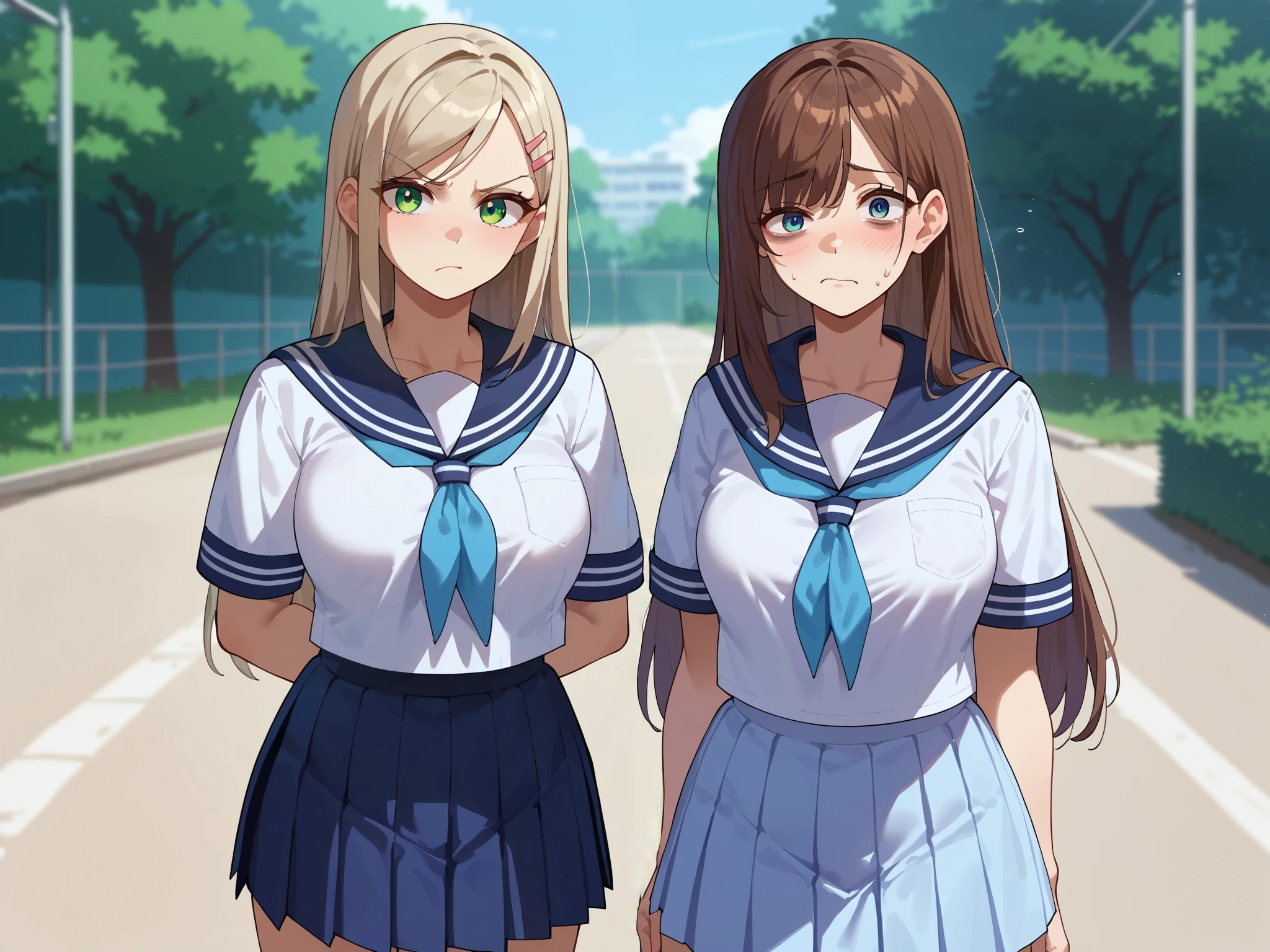 {{score_9, score_8_up, score_7_up, score_6_up, score_5_up, score_4_up, source_anime}} 2girls, outdoors, school, cowboy shot, medium breasts, bags under eyes, nervous, hand to chest, brown hair, long hair, long bangs, hair over one eye, serafuku, sailor shirt, blue neckerchief, looking at viewer, medium breasts, blue eyes, nyantcha
