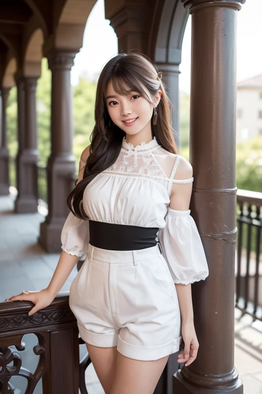 Masterpiece, sharp focus, a high-resolution photograph of a young Asian woman standing on a wrought iron staircase in an outdoor setting. She has long, straight, light brown hair that cascades over her shoulders, and she is smiling softly at the camera. Her complexion is fair, and she has a youthful, delicate appearance. She is wearing a white crop top with puffed short sleeves and a lace trim around the neckline, which is adorned with a small black bow. Her matching white high-waisted shorts have a similar lace trim and black bow at the waist. On her left wrist,  she wears a colorful bracelet with a floral design. The background reveals a slightly out-of-focus view of a rustic brick building with arched windows and a stone column, suggesting an old, possibly European-style architecture. The lighting is natural, likely from sunlight, which enhances the bright, clean look of her outfit and the overall cheerful ambiance of the photograph. The staircase she is standing on has a classic, ornate design with black iron railings and a wooden handrail. The overall composition of the image is well-balanced, with the subject slightly tilted to the left, creating a dynamic and engaging pose.