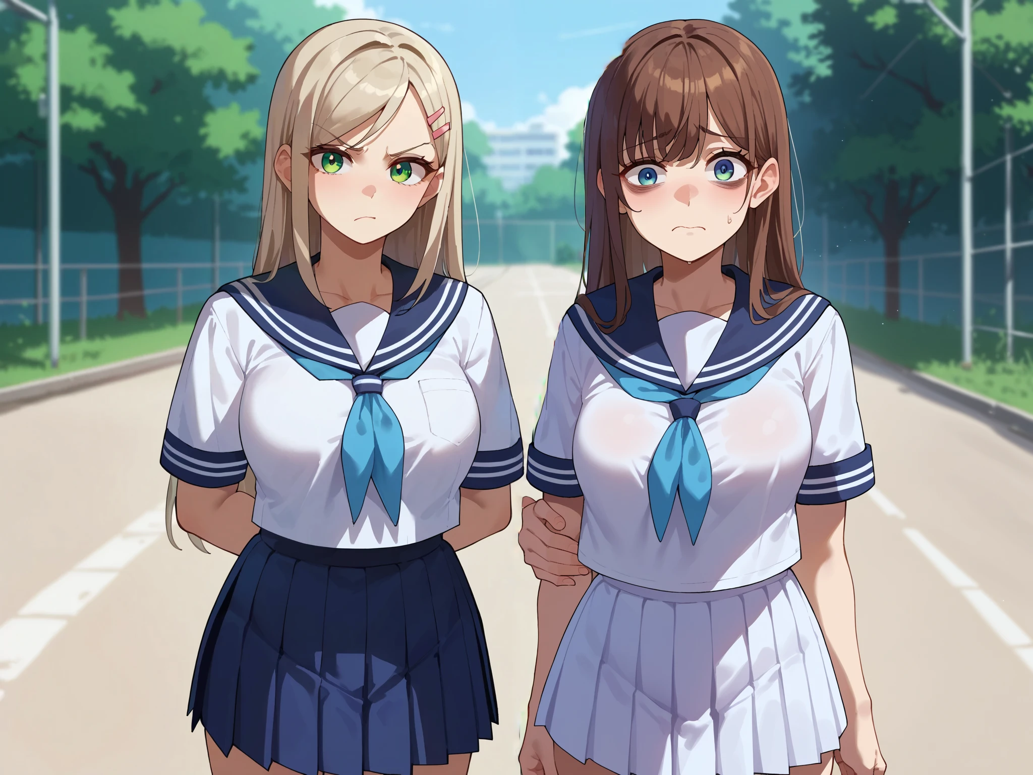 {{score_9, score_8_up, score_7_up, score_6_up, score_5_up, score_4_up, source_anime}} 2girls, outdoors, school, cowboy shot, medium breasts, bags under eyes, nervous, hand to chest, brown hair, long hair, long bangs, hair over one eye, serafuku, sailor shirt, blue neckerchief, looking at viewer, medium breasts, blue eyes, nyantcha
