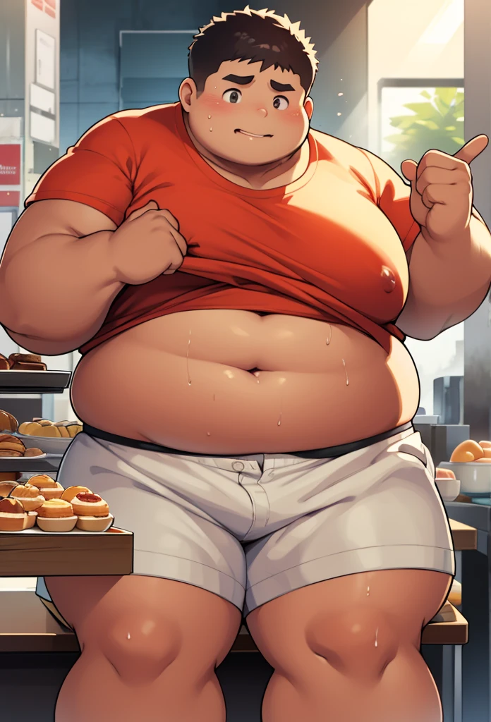 Fat indian boy , obese boy, big belly, tight belly, small white button shirt, small brown shorts, eating a chocolate donut, obese, sedentary, sitting in a hot bakery, wearing an extremely tight sleeveless shirt, his fat pecs sticking out of the sides of the shirt, big fat baker's belly, paunchynext to a box full of desserts and sweets, fat face, big fat obese asshole, fat boy tits, Her tits are pointing in opposite directions, belly hanging out of her shirt, fat navel that slightly lifts the shirt, exposed navel, glutton, distracted, extreme obesity, hard inflated black nipples, heavy belly, clumsy, obese, extremely wide, big, big fat apple, visceral fat, sweat, heat, sun rays, 3:4, detailed face