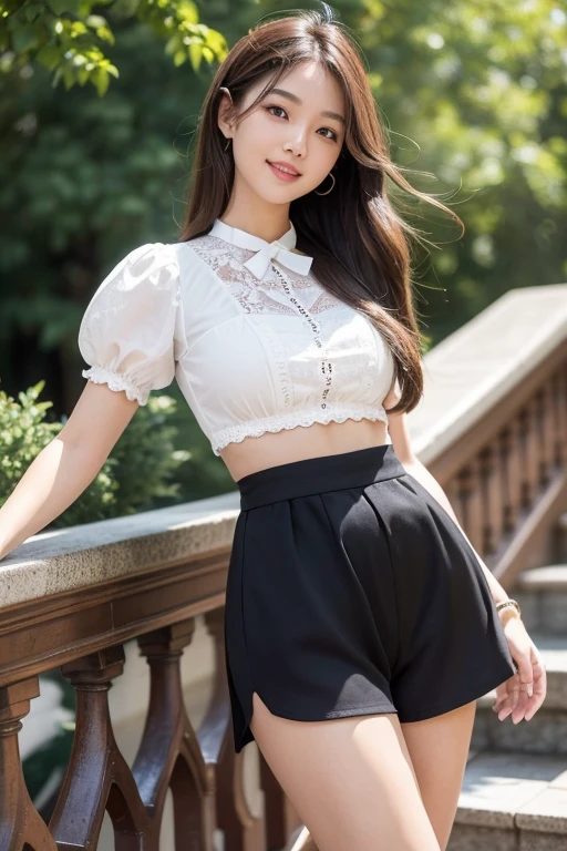 Masterpiece, sharp focus, a high-resolution photograph of a young Asian woman standing on a wrought iron staircase in an outdoor setting. She has long, straight, light brown hair that cascades over her shoulders, and she is smiling softly at the camera. Her complexion is fair, and she has a youthful, delicate appearance. She is wearing a white crop top with puffed short sleeves and a lace trim around the neckline, which is adorned with a small black bow. Her matching white high-waisted shorts have a similar lace trim and black bow at the waist. On her left wrist,  she wears a colorful bracelet with a floral design. The background reveals a slightly out-of-focus view of a rustic brick building with arched windows and a stone column, suggesting an old, possibly European-style architecture. The lighting is natural, likely from sunlight, which enhances the bright, clean look of her outfit and the overall cheerful ambiance of the photograph. The staircase she is standing on has a classic, ornate design with black iron railings and a wooden handrail. The overall composition of the image is well-balanced, with the subject slightly tilted to the left, creating a dynamic and engaging pose.