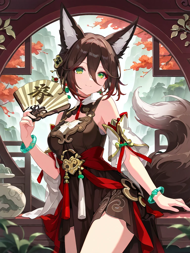 ultra-detailed,(best quality),((masterpiece)),(highres),original,extremely,tingyun, 1girl, animal ears, green eyes, hand fan, tail, solo, breasts, fox ears, brown hair, multicolored hair, looking at viewer, detached sleeves, holding, smile, jewelry, holding fan, hair between eyes, animal ear fluff, bare shoulders, short hair, fox tail, bracelet, dress