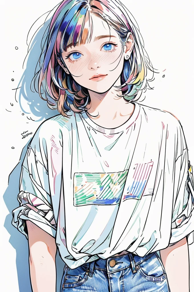 (masterpiece, Highest quality, Very detailed, 8k, Realistic),  One girl, alone, Very detailed face, (head shot:1.5), contrapposto, leaning against a concrete wall covered in graffiti, medium multi colored hair, She is wearing a T-shirt  and  military jacket, wide jeans, hard shadow, watercolor, lineart, rough sketch, RGB, chromatic aberration