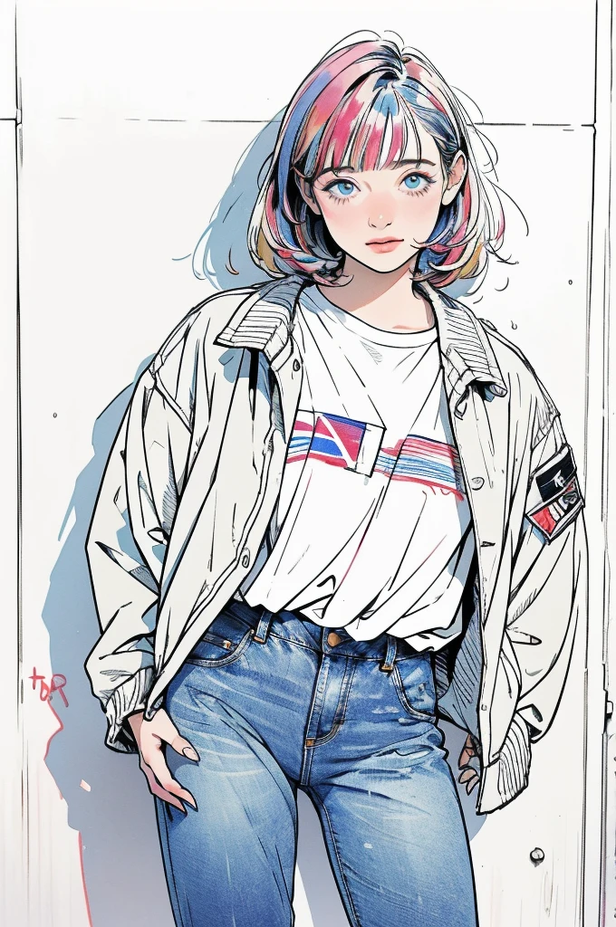 (masterpiece, Highest quality, Very detailed, 8k, Realistic),  One girl, alone, Very detailed face, (head shot:1.5), contrapposto, leaning against a concrete wall covered in graffiti, medium multi colored hair, She is wearing a T-shirt  and  military jacket, wide jeans, hard shadow, watercolor, lineart, rough sketch, RGB, chromatic aberration