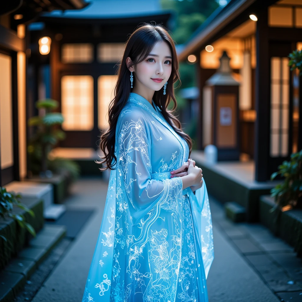 An elegant East Asian woman standing gracefully in a traditional kimono-inspired outfit with luminous Gothic-style lace patterns, featuring inverted colors and glowing blue lines that create a mesmerizing effect. Her attire showcases inverted outlines, glowing and shining details that highlight the intricate craftsmanship of the design. Her pose is poised, with her body slightly turned to the side, and her long, flowing hair gently moved by the breeze. The composition focuses entirely on her as the singular subject, ensuring a captivating and elegant presentation. She stands in an outdoor setting resembling a Japanese temple garden, with traditional architecture and natural surroundings that complement her glowing attire. Her calm, expressive face is softly illuminated by the glowing and shining lace patterns, creating a harmonious blend of tradition and futuristic elegance.