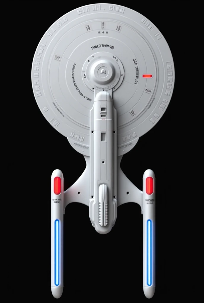 Detailed Description: Starship USS Enterprise-D (from Star Trek: The Next Generation)
Overall Design:

Starship Class: Galaxy-class.

Dimensions: Length: 642.51 meters, Width: 463.73 meters, Height: 195.26 meters.

Appearance: Sleek and elegant, with a distinctive saucer-shaped primary hull and a secondary hull connected by a wide neck. The ship is finished in a light gray color with a slight metallic sheen.

Primary Hull (Saucer Section):

Shape: Disc-shaped with a slightly convex top and bottom.

Bridge Dome: Located at the top center of the saucer section, slightly raised above the surface.

Windows: Numerous small, rectangular windows line the edges of the saucer section, indicating crew quarters and observation lounges.

Impulse Engines: Red-glowing impulse engines are positioned at the rear of the saucer section, used for sub-light travel.

Secondary Hull (Engineering Section):

Shape: Rectangular and streamlined, extending below and slightly behind the saucer section.

Shuttle Bays: Located at the rear of the secondary hull, with large doors that open for shuttlecraft operations.

Deflector Dish: Large, circular deflector dish at the front of the secondary hull, glowing a faint blue, used for navigation and defense.

Warp Nacelles: Two elongated warp nacelles mounted on pylons extending from the sides of the secondary hull. They glow blue when the ship is at warp speed and have distinctive red Bussard collectors at the front.

Nacelles and Pylons:

Warp Nacelles: Long, rectangular shapes with blue glowing elements and red Bussard collectors at the front. They are angled slightly upward.

Pylons: The pylons connecting the nacelles to the secondary hull are swept back, giving the ship a dynamic and powerful look.

Details and Markings:

Registry and Name: "NCC-1701-D" and "USS Enterprise" are clearly marked on the saucer section, both above and below, in bold, black lettering.

Aztec Pattern: A subtle pattern of lighter and darker panels covers the entire hull,
