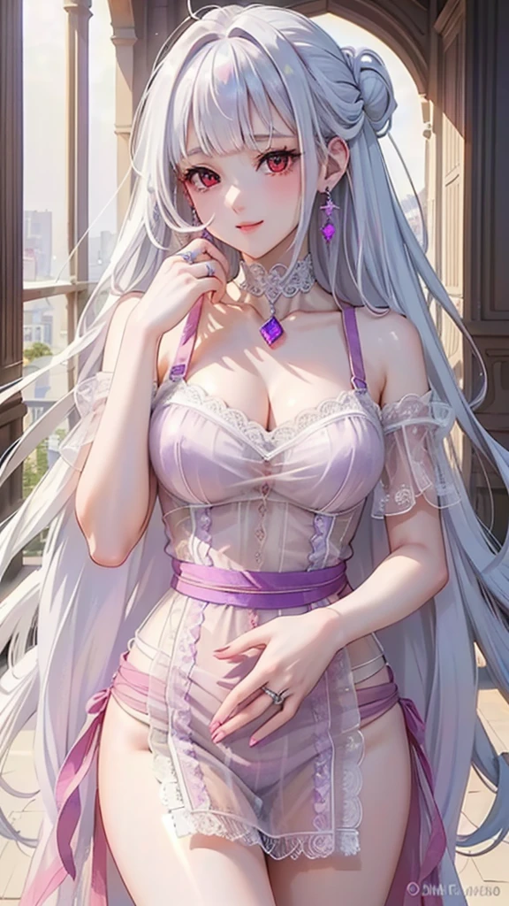 a women, white hair, purple eyes, white dress