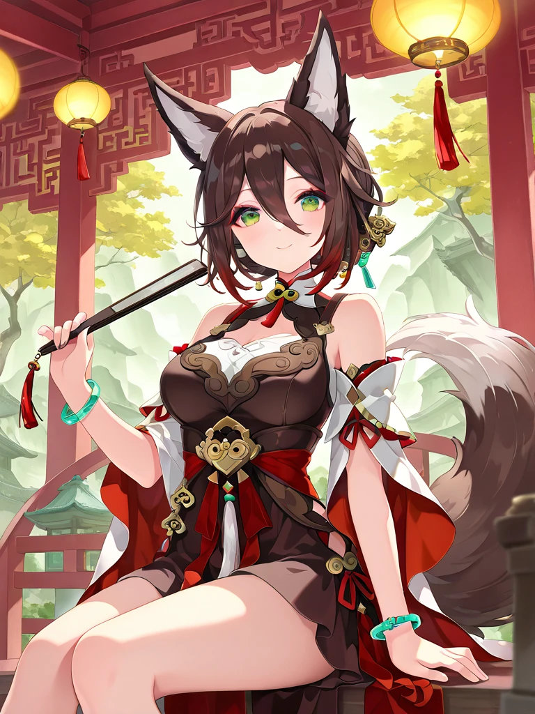 ultra-detailed,(best quality),((masterpiece)),(highres),original,extremely,tingyun, 1girl, animal ears, green eyes, hand fan, tail, solo, breasts, fox ears, brown hair, multicolored hair, looking at viewer, detached sleeves, holding, smile, jewelry, holding fan, hair between eyes, animal ear fluff, bare shoulders, short hair, fox tail, bracelet, dress