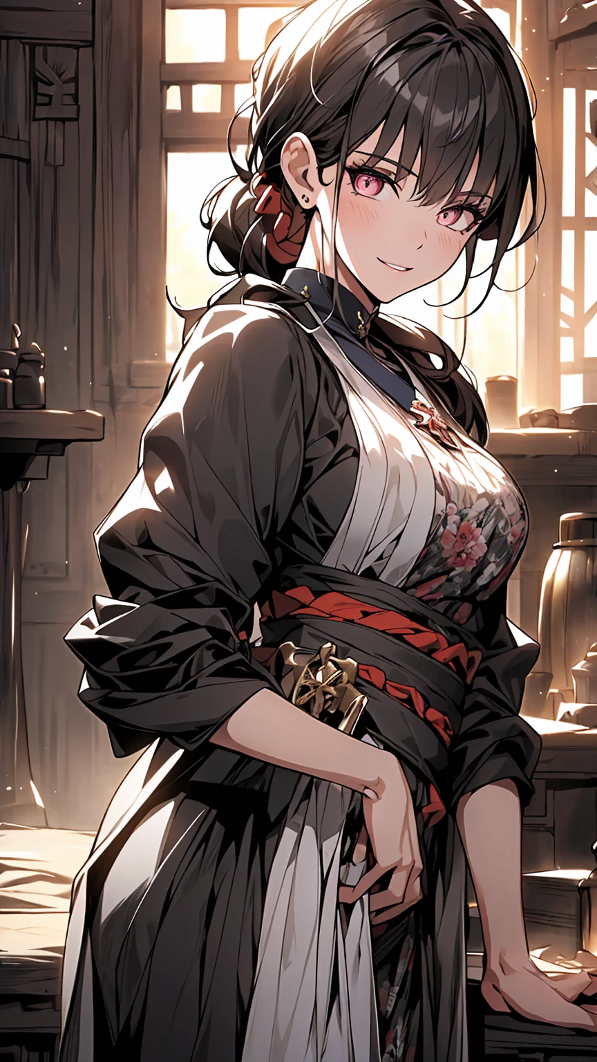 (fantasy:1.5),(anime,8k,masterpiece, top quality, best quality,beautiful and aesthetic:1.2,professional illustrasion:1.1,ultra detail:1.3,perfect lighting),extremely detailed,highest detailed,incredibly absurdres , highres, ultra detailed,intricate:1.6,(Alchemy Workshop:1.4),A girl mixing,Medicine in many small bottles,holding small potion,colorful:1.4,zentangle,(1girl),(girl),(Three kingdoms female warload),(highly detailed beautiful face and eyes,firm breasts),oily skin,((black,hair,short bob with short pony tail hair)),thin pubic hair,cute,lovely,34 years old,alchemist costume,Merchant's Clothing,smile,in the kitchen,smile,seductive weak smiling,(with sparkling eyes and a contagious smile),open mouth, Looking at Viewer,