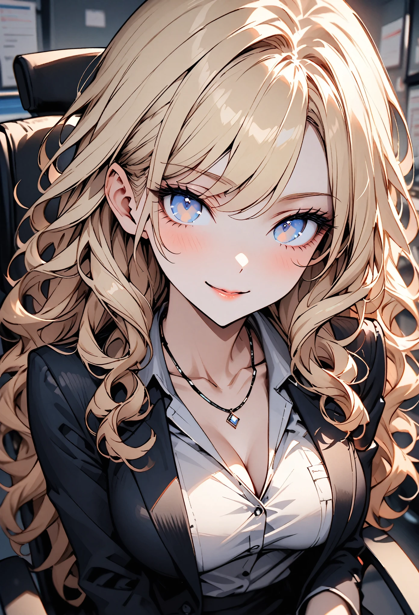 solo, female, medium shot, sfw, blonde hair, long wavy hair, blue eyes, smile, secretary, very large breasts, office, teasing cleavage:0.7, eye wink, hand on face, seductive smile, close up