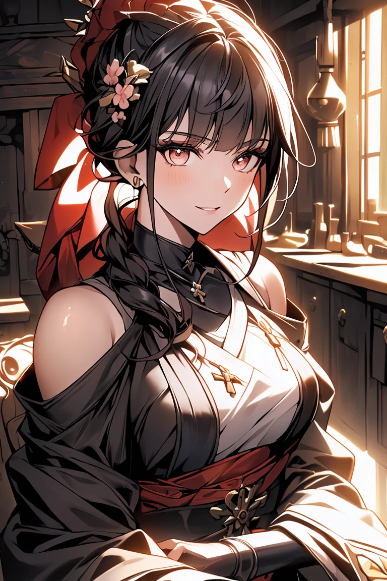 (masterpiece), (best quality),1girl, yellow eyes, black_legwear,<lora:DAIYAN:0.9>, grey skyï¼lonelyï¼candlesï¼lanterns,ï¼ sit in a wooden house , it is raining heavily outside the windowï¼she is looking at the candlesï¼