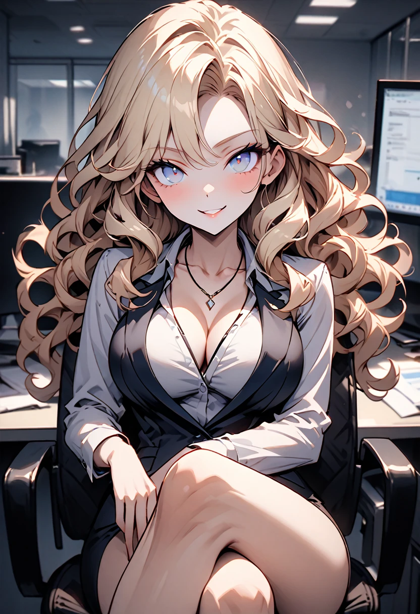 solo female, long wavy blonde hair, blue eyes, wink, secretary, office, wooden furniture:0.1, business suit, wide seductive smile, elegant, loose shirt, necklace, business jacket, cleavage, computers, very large breasts, very long lashes, medium shot, futuristic:0.3, drinking coffee, relaxed