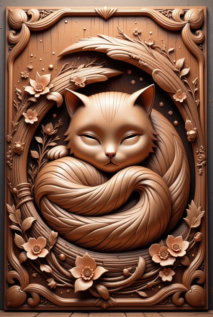 Copper relief art, cute Sleeping Cat, shining glossy plated, contrasts of light and shadow, best quality