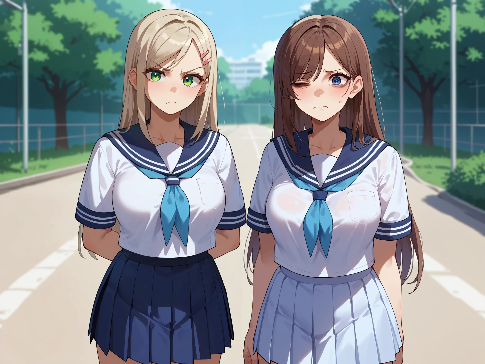 {{score_9, score_8_up, score_7_up, score_6_up, score_5_up, score_4_up, source_anime}} 2girls, outdoors, school, cowboy shot, medium breasts, bags under eyes, nervous, hand to chest, brown hair, long hair, long bangs, hair over one eye, serafuku, sailor shirt, blue neckerchief, blue pleated skirt, looking at viewer, medium breasts, blue eyes, nyantcha
