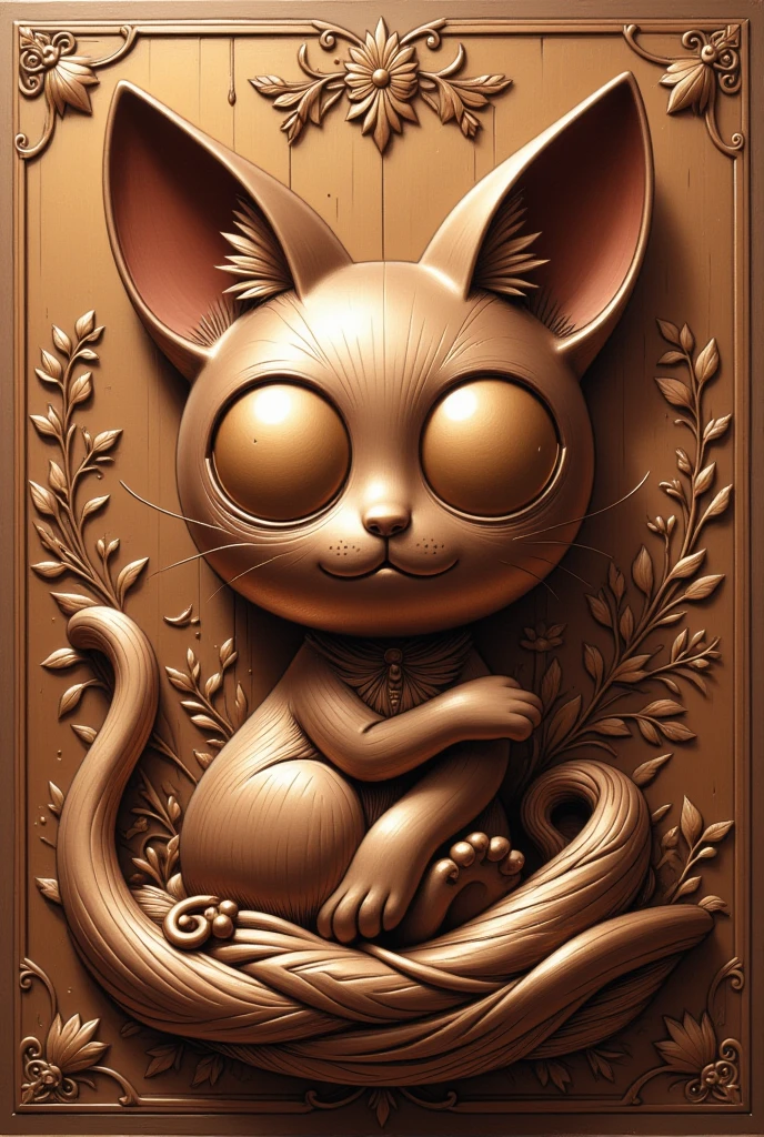 Copper relief art, cute Sleeping Cat, shining glossy plated, contrasts of light and shadow, best quality