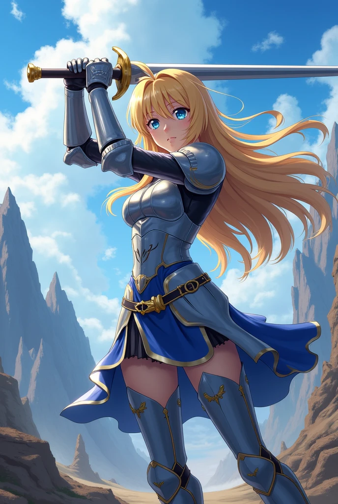 unparalleled masterpiece, perfect artwork, best quality, anime style, anime wallpaper, 1girl, blond hair, knight girl, cool anime wallpaper, castle background, epic anime wallpaper, beautiful blonde hair female knight, perfect body, full body, illustration, no text, sword, pretty face, elegant, high quality, 8k, royal blue eyes, one person, background outside the castle, no titles, computer wallpaper, perfect anime eyes