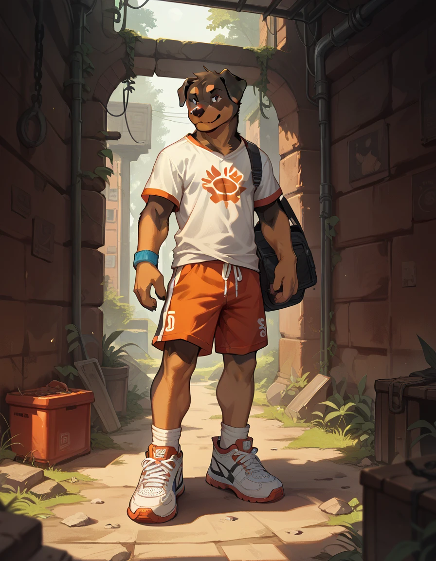 image of young boy inside the underground maze, furry, kid, rottweiler, dark and eerie, t-shirt and shorts and sport shoes, 1boy, young,